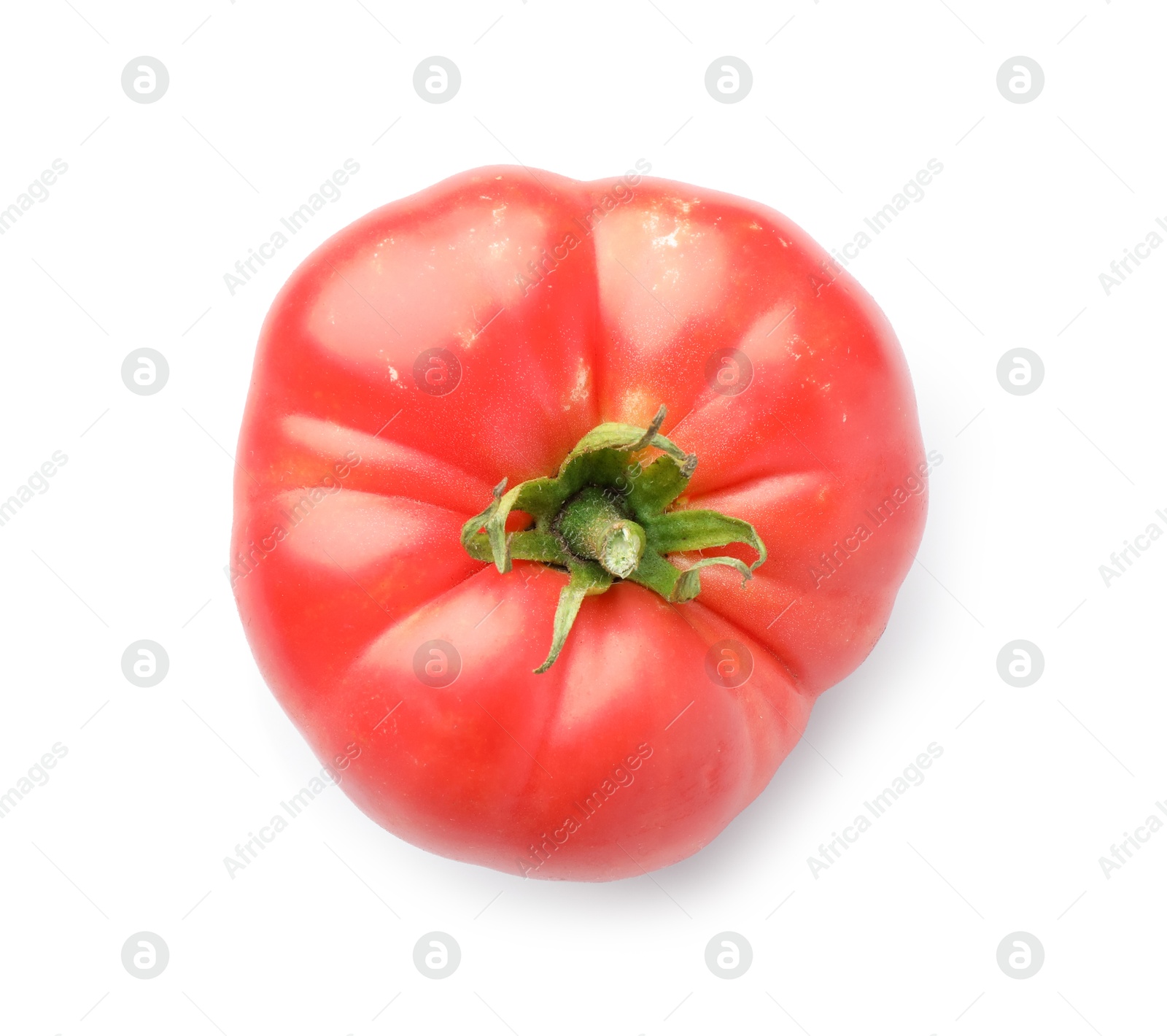 Photo of Fresh ripe tomato isolated on white, top view. Effect of poor cultivation