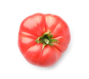 Photo of Fresh ripe tomato isolated on white, top view. Effect of poor cultivation