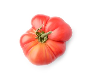 Photo of Fresh ripe pink tomato isolated on white, top view