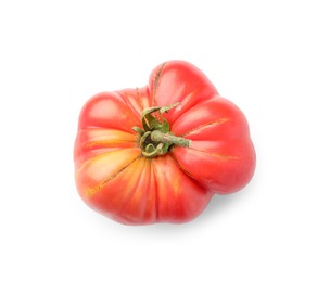 Fresh ripe pink tomato isolated on white, top view. Effect of poor cultivation