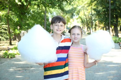 Little girl and boy with sweet cotton candy in park