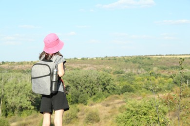 Little girl enjoying picturesque landscape, back view. Space for text