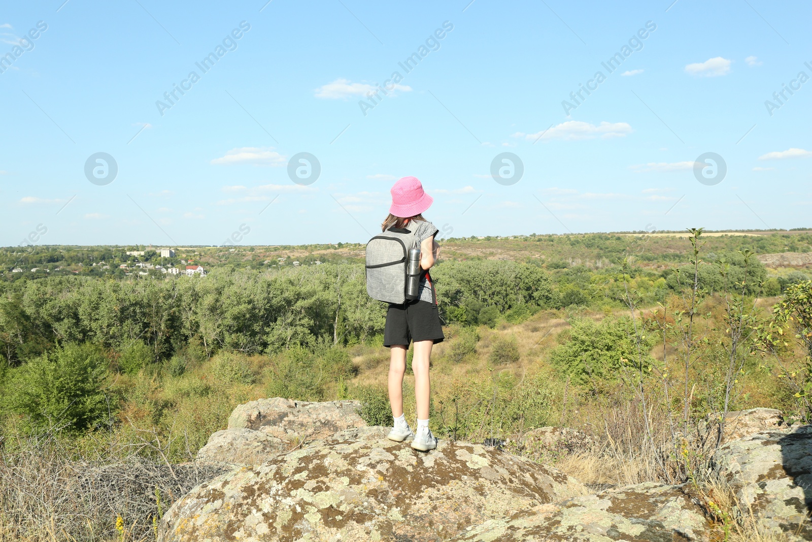 Photo of Little girl enjoying picturesque landscape, back view