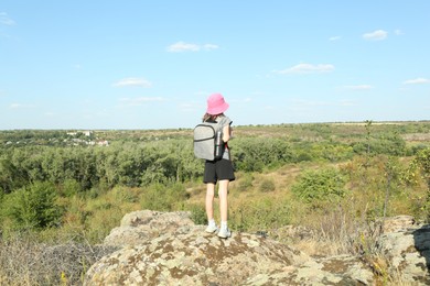 Photo of Little girl enjoying picturesque landscape, back view