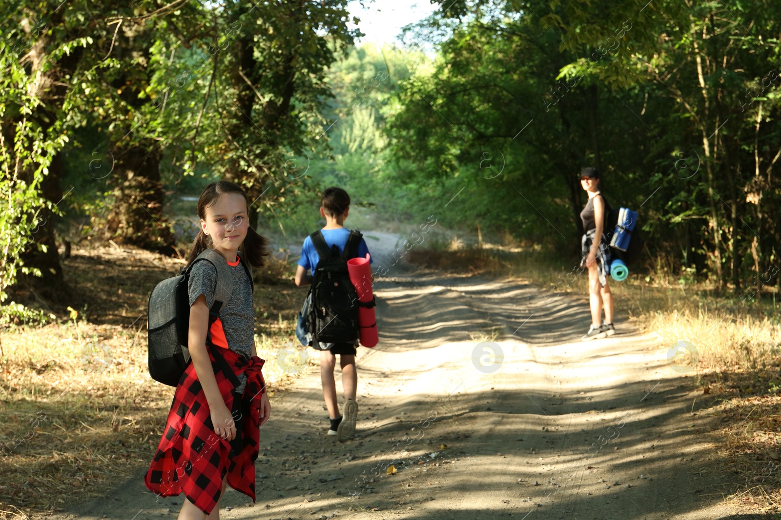 Photo of Little girl travelling with her family in beautiful forest