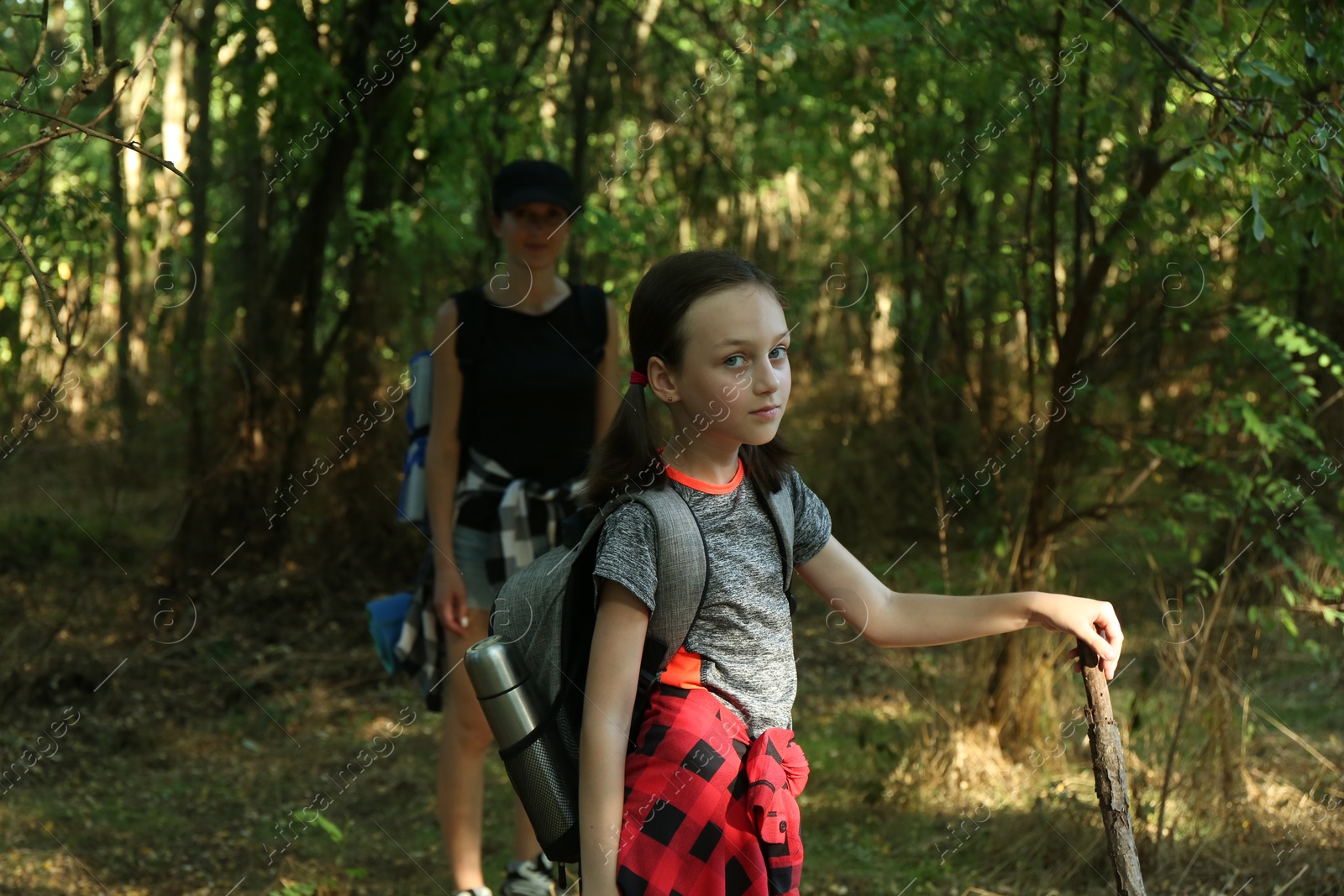 Photo of Portrait of little girl travelling with her mother in beautiful forest