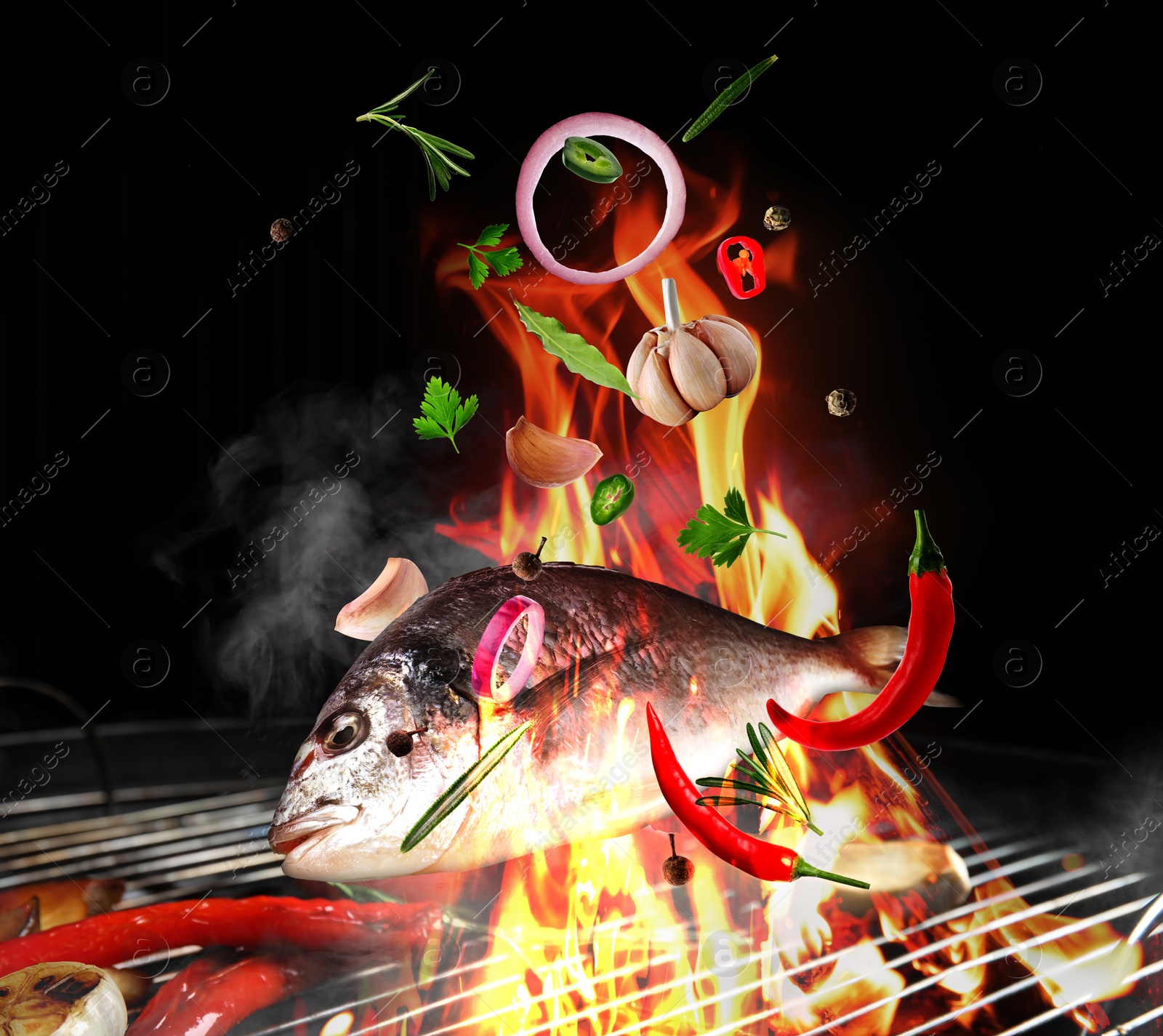 Image of Sea fish, herbs, spices and vegetables roasting against black background. Grilling food