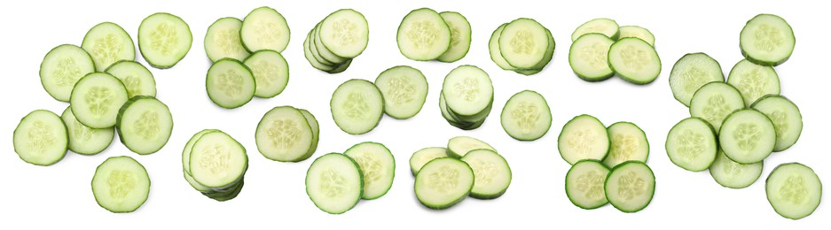 Image of Many fresh cucumber slices on white background, collage