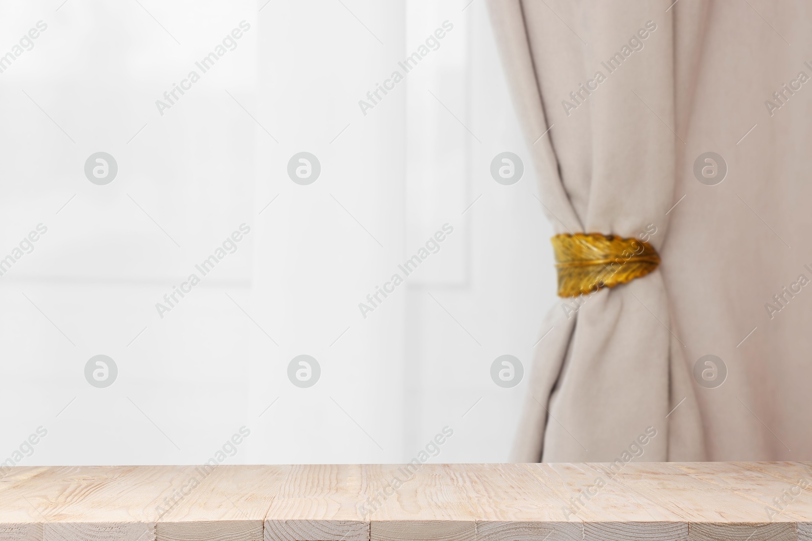 Image of Empty white wooden table near window with curtains. Space for design