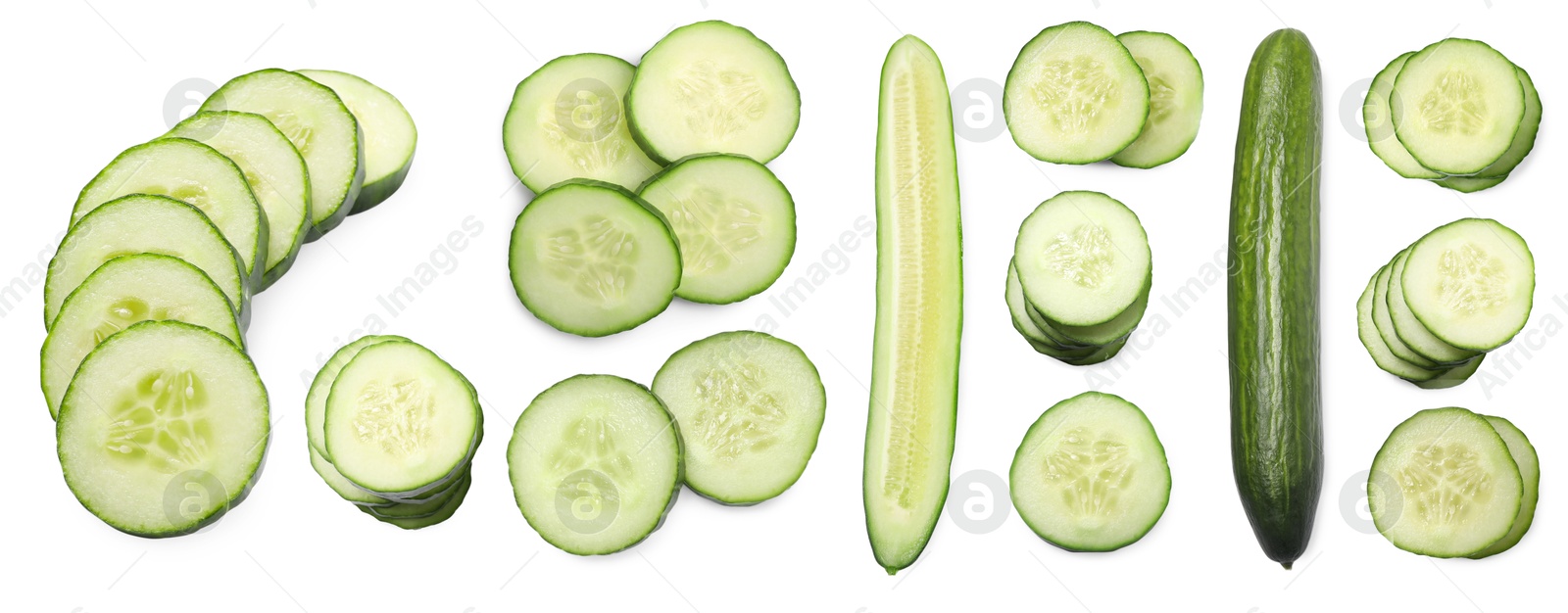 Image of Fresh whole and sliced cucumbers isolated on white, collage