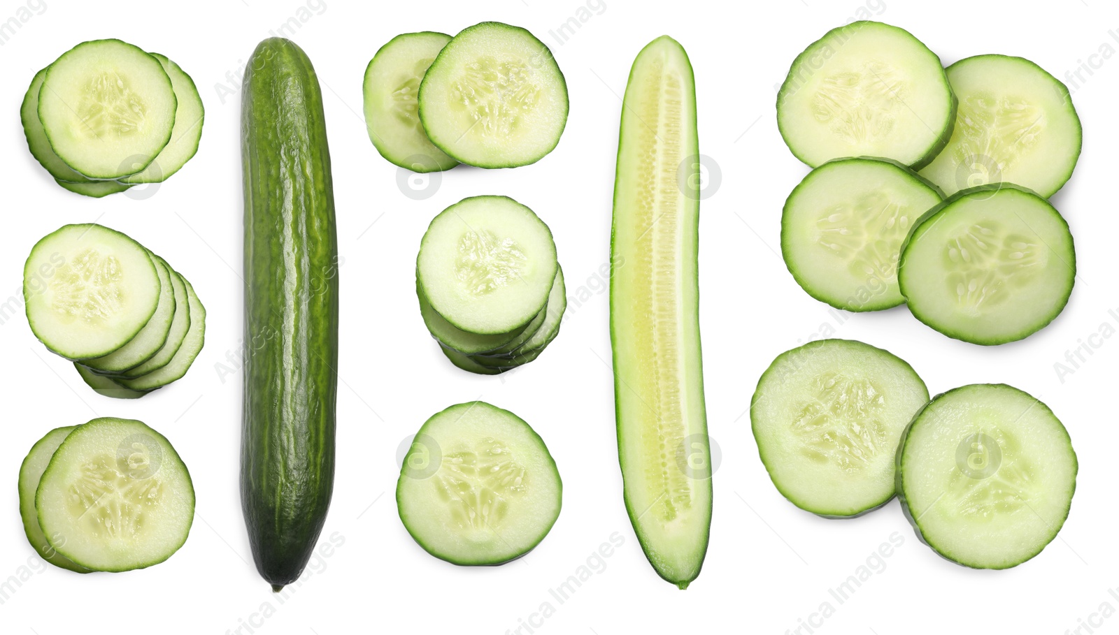 Image of Fresh whole and sliced cucumbers isolated on white, collage