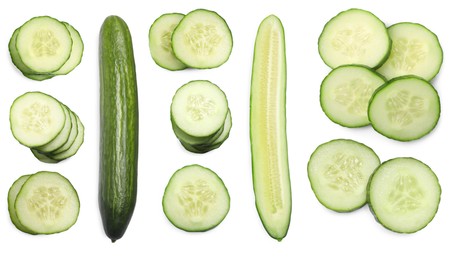 Fresh whole and sliced cucumbers isolated on white, collage