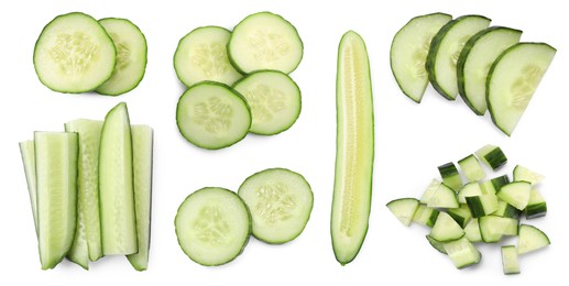 Fresh cucumbers isolated on white, collage. Different types of cuts