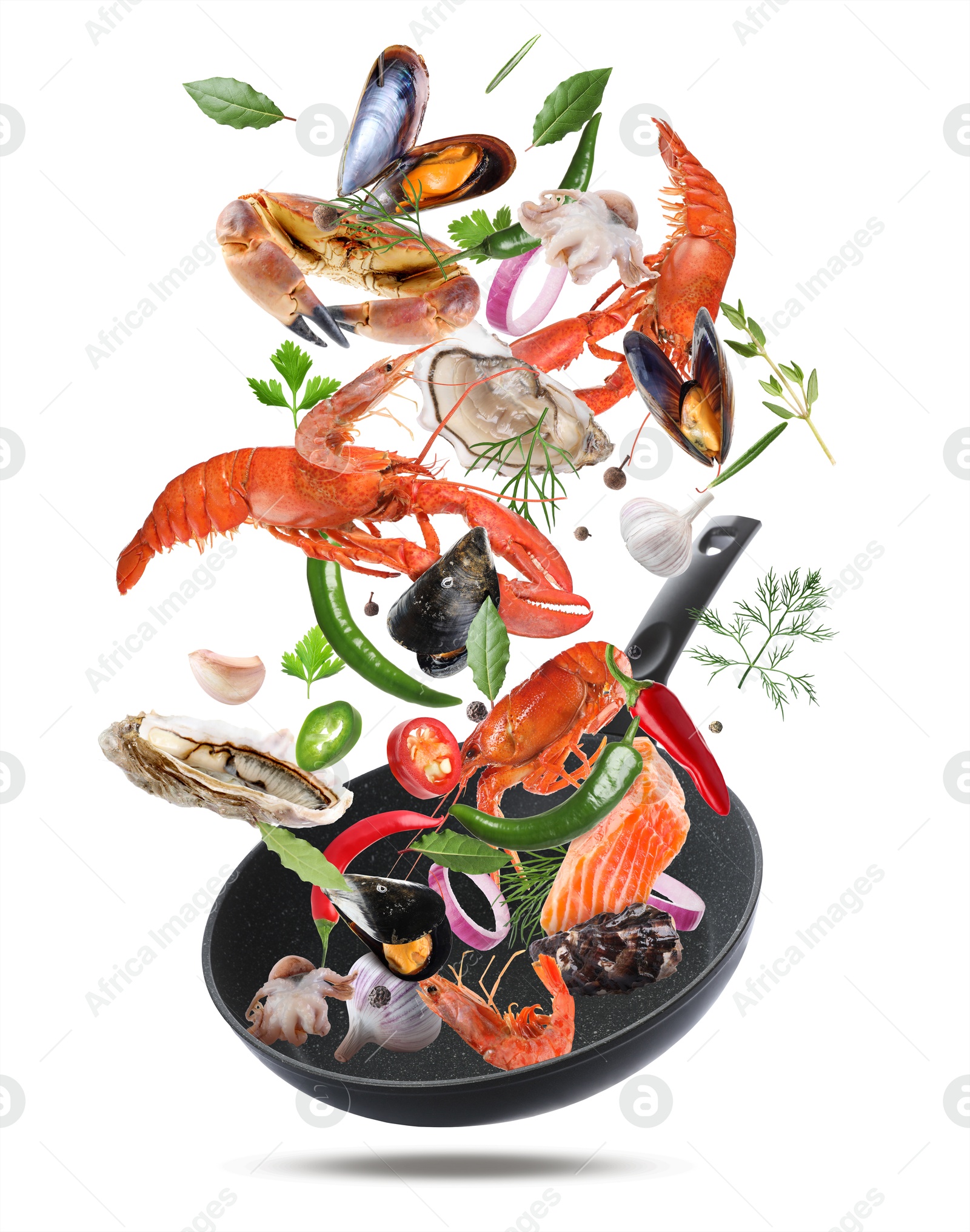 Image of Sea food, vegetables, herbs, spices and frying pan in air on white background. Cooking meal