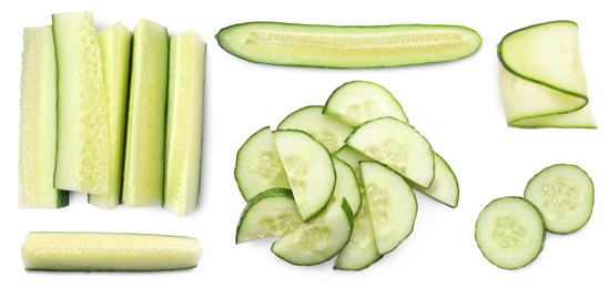 Image of Fresh cucumbers isolated on white, collage. Different types of cuts