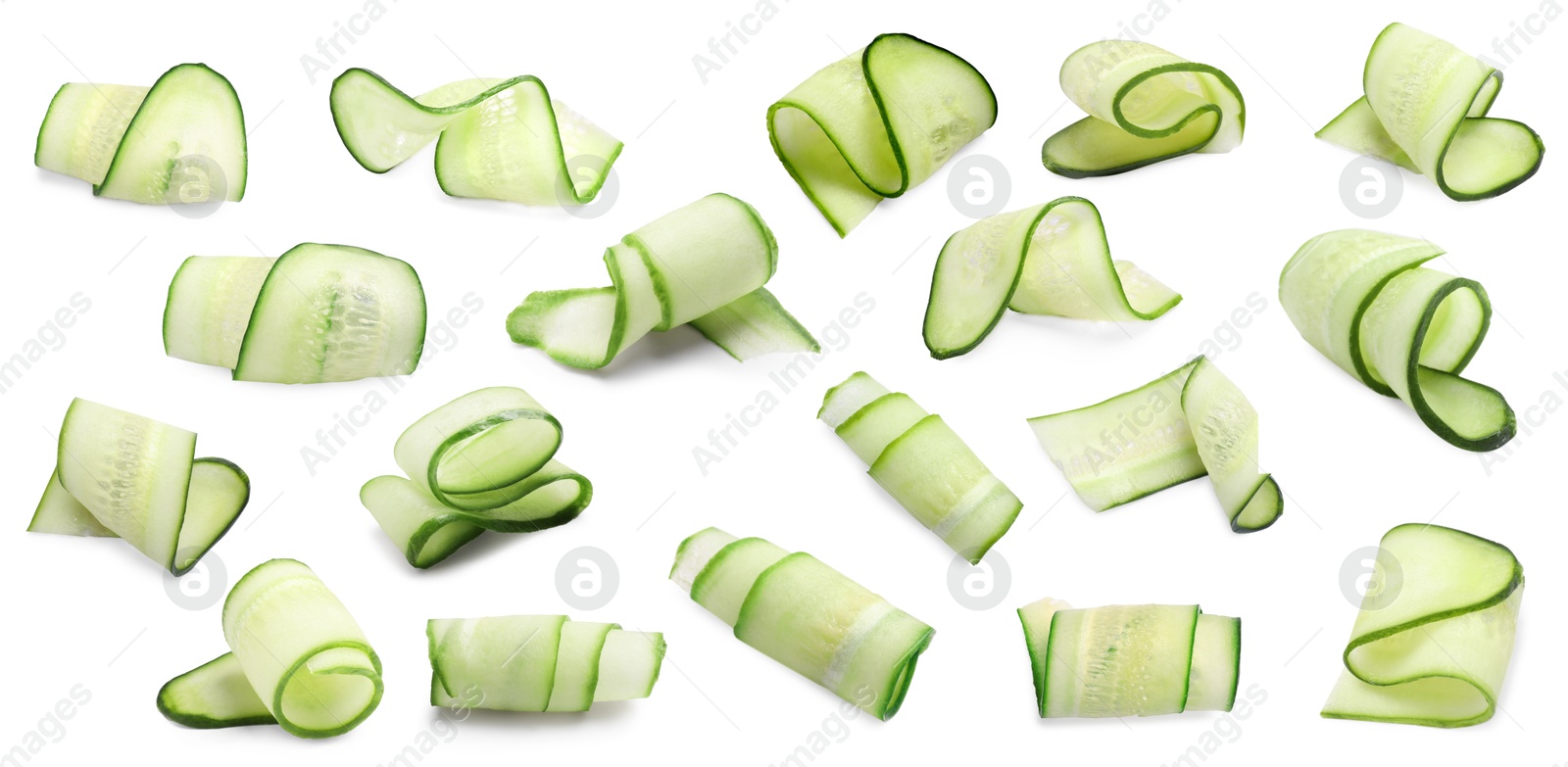 Image of Thinly sliced cucumbers isolated on white, collage