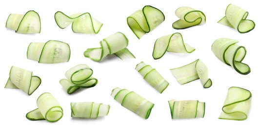 Image of Thinly sliced cucumbers isolated on white, collage