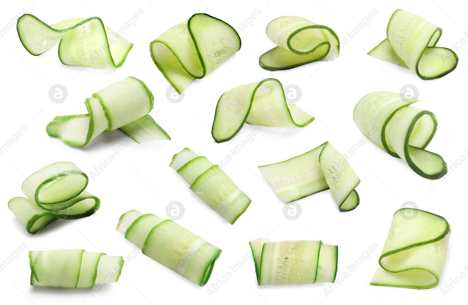 Image of Thinly sliced cucumbers isolated on white, collage