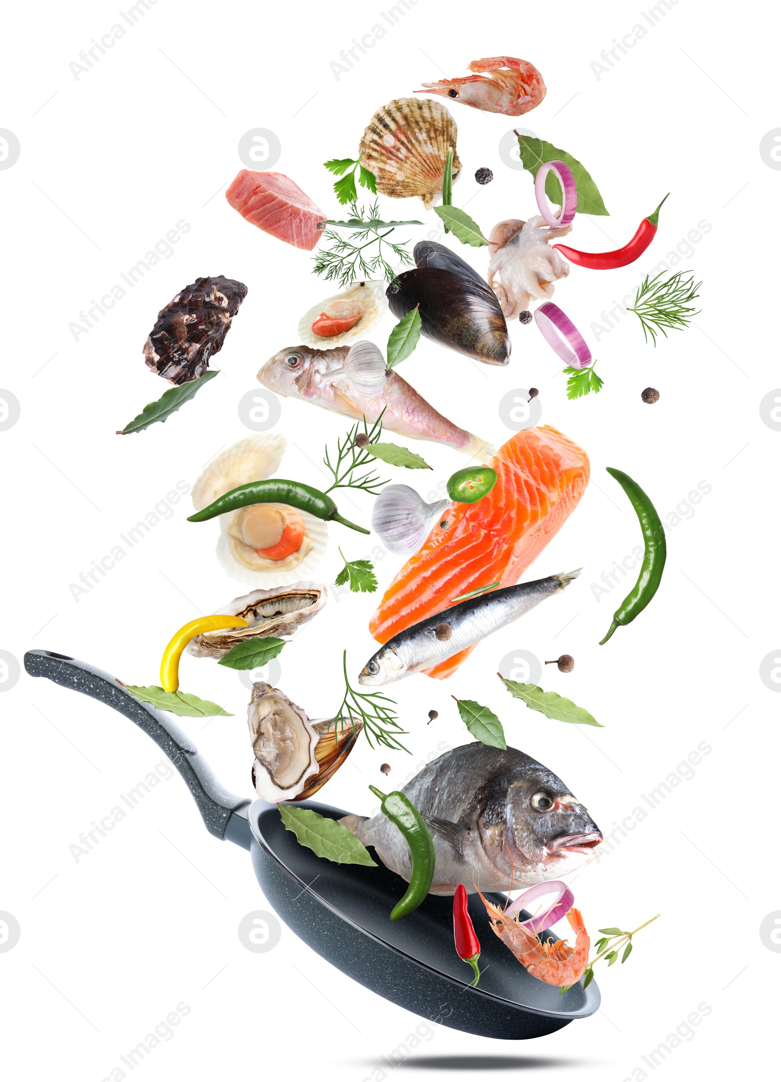 Image of Sea food, vegetables, herbs, spices and frying pan in air on white background. Cooking meal