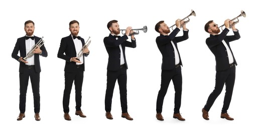 Image of Man playing trumpet isolated on white. Collection of photos