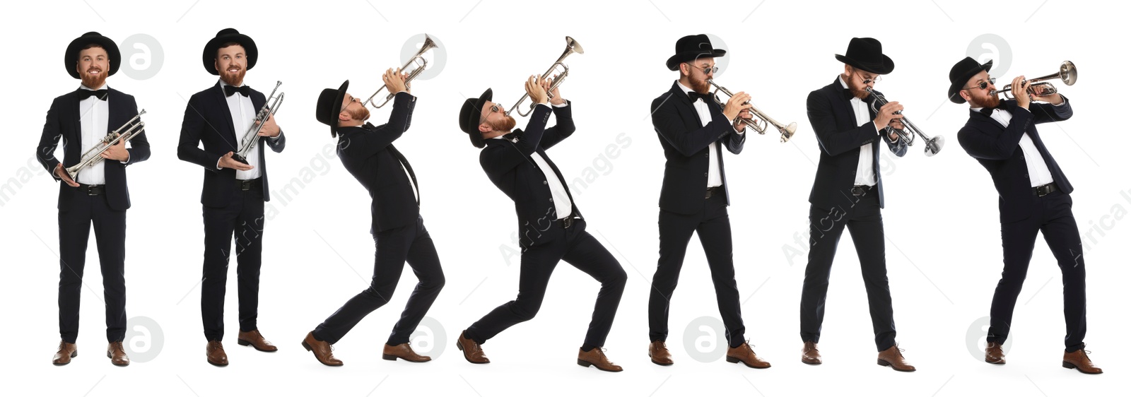 Image of Man playing trumpet isolated on white. Collection of photos