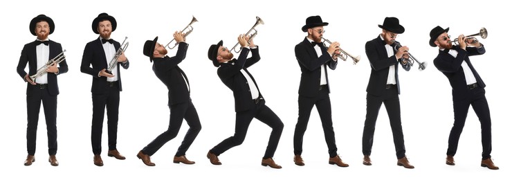 Man playing trumpet isolated on white. Collection of photos