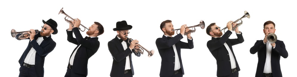 Man playing trumpet isolated on white. Collection of photos