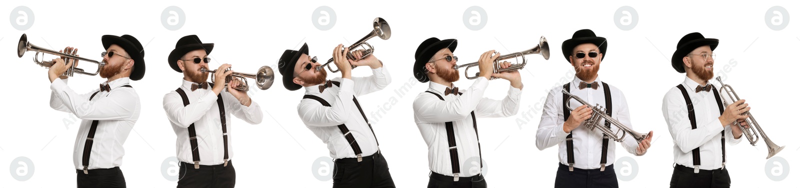 Image of Man playing trumpet isolated on white. Collection of photos