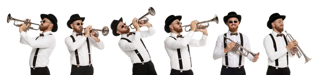 Man playing trumpet isolated on white. Collection of photos