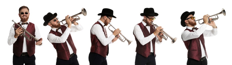 Image of Man playing trumpet isolated on white. Collection of photos