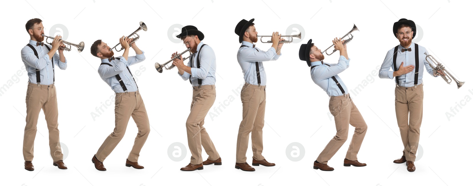 Image of Man playing trumpet isolated on white. Collection of photos