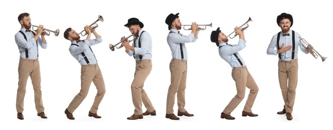 Man playing trumpet isolated on white. Collection of photos