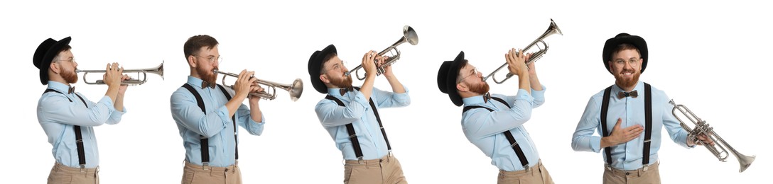 Image of Man playing trumpet isolated on white. Collection of photos