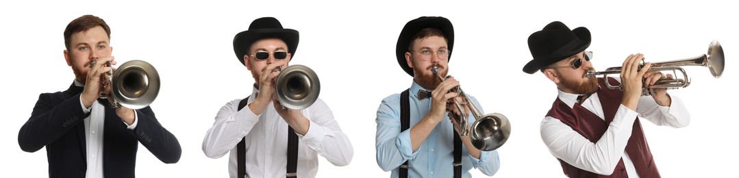 Man playing trumpet isolated on white. Collection of photos