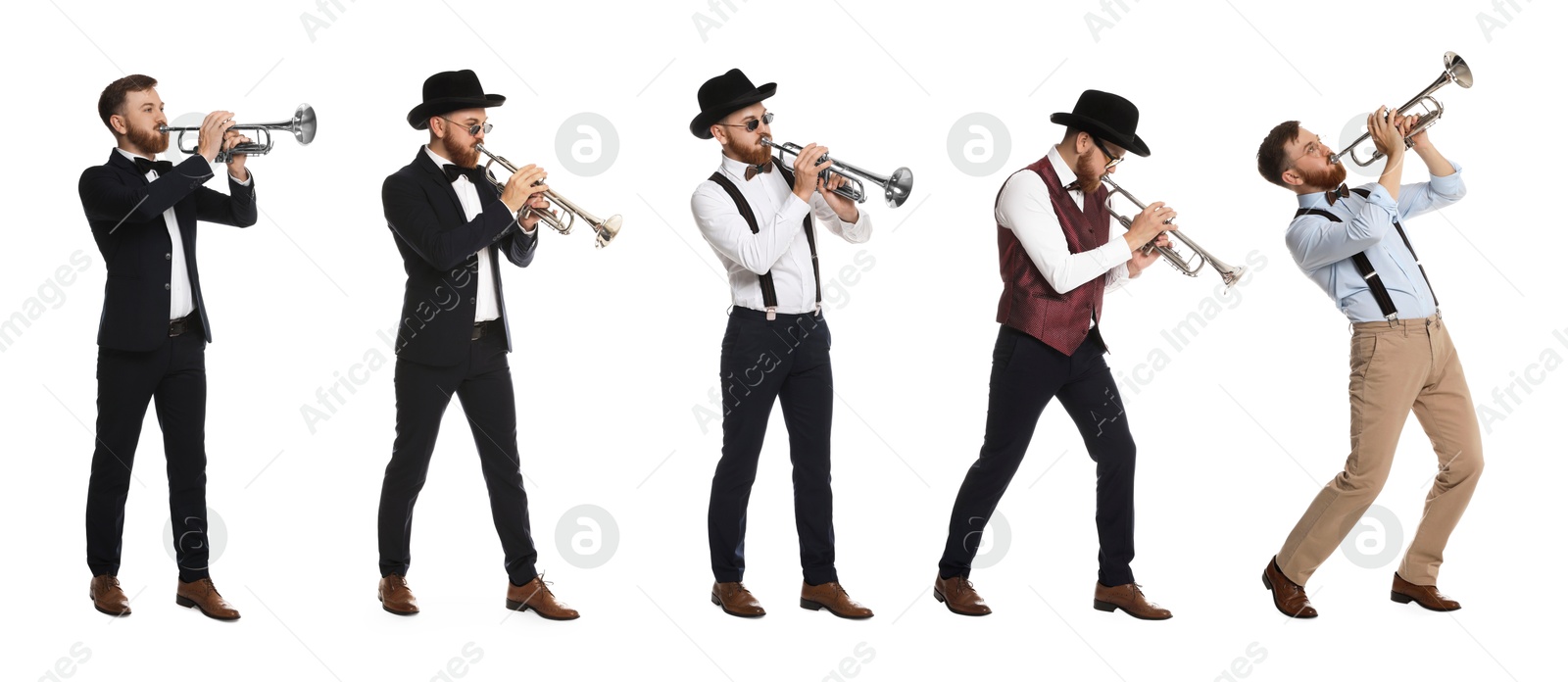 Image of Man playing trumpet isolated on white. Collection of photos