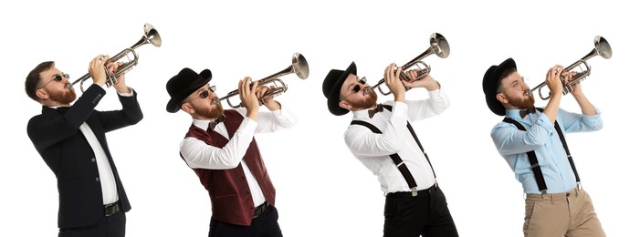 Image of Man playing trumpet isolated on white. Collection of photos