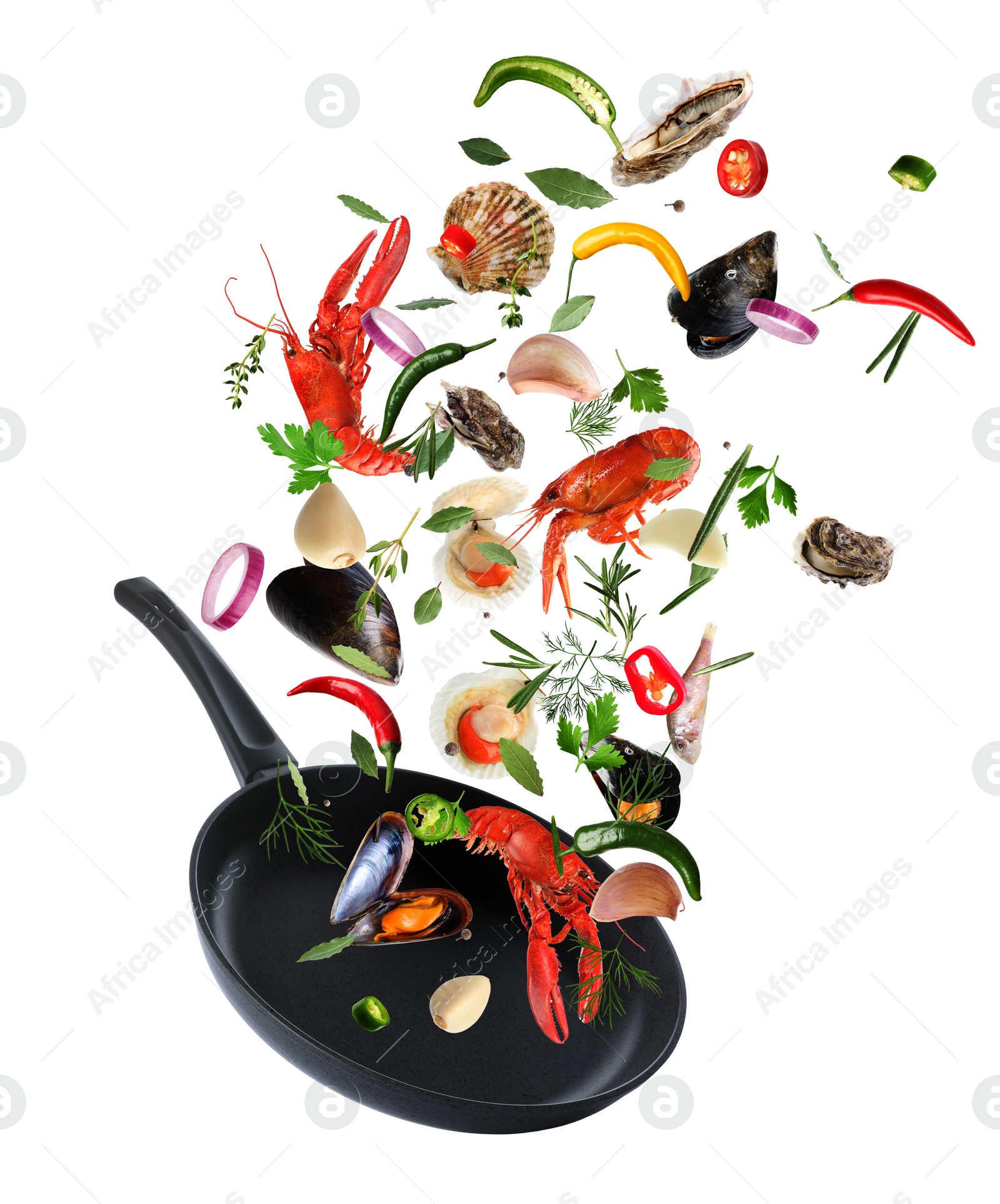 Image of Sea food, vegetables, herbs, spices and frying pan in air on white background. Cooking meal