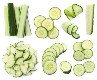 Image of Fresh cucumbers isolated on white, collage. Different types of cuts