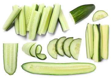 Fresh cucumbers isolated on white, collage. Different types of cuts