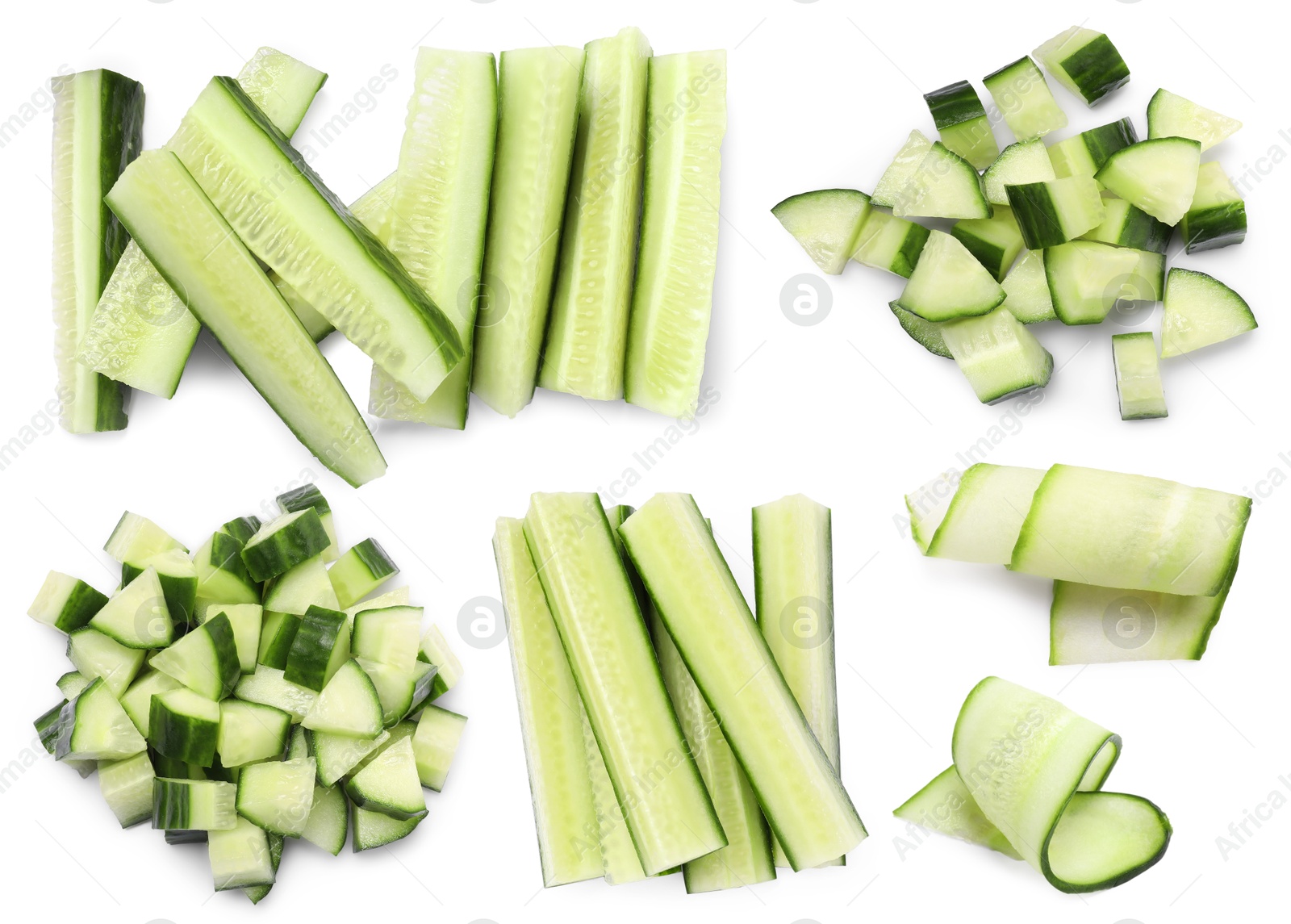 Image of Fresh cucumbers isolated on white, collage. Different types of cuts