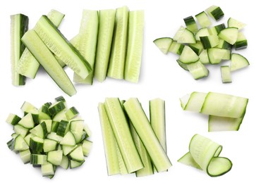 Fresh cucumbers isolated on white, collage. Different types of cuts