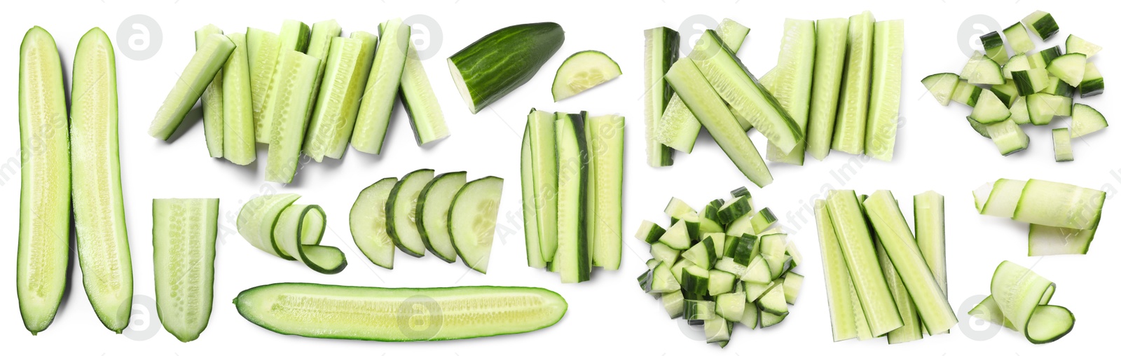 Image of Fresh cucumbers isolated on white, collage. Different types of cuts