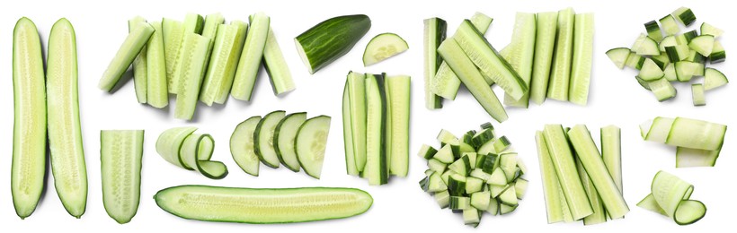 Image of Fresh cucumbers isolated on white, collage. Different types of cuts