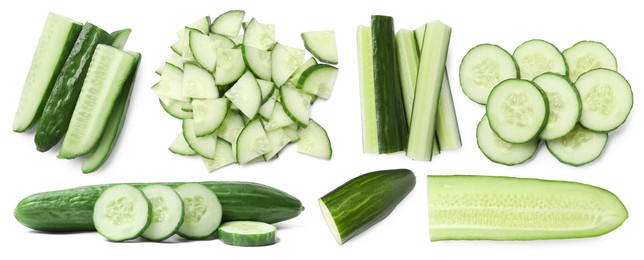 Fresh cucumbers isolated on white, collage. Different types of cuts