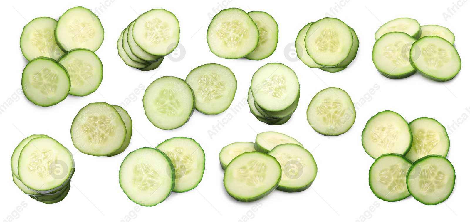 Image of Many fresh cucumber slices on white background, collage