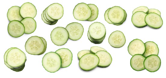 Many fresh cucumber slices on white background, collage