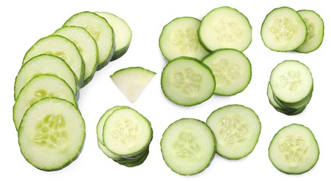 Image of Many fresh cucumber slices on white background, collage