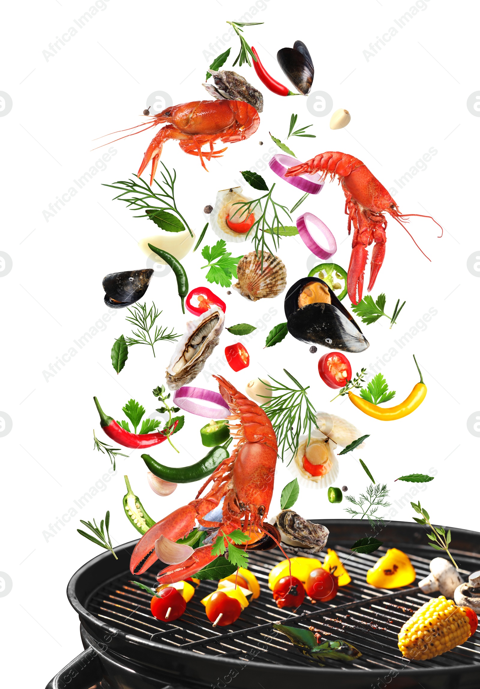 Image of Sea food, vegetables, herbs and spices falling onto grill against white background. Cooking meal