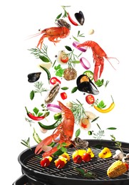 Image of Sea food, vegetables, herbs and spices falling onto grill against white background. Cooking meal