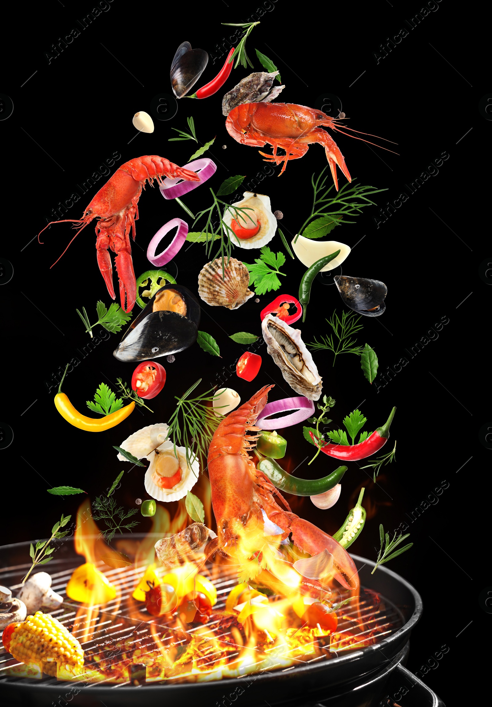 Image of Sea food, vegetables, herbs and spices falling onto grill against black background. Cooking meal